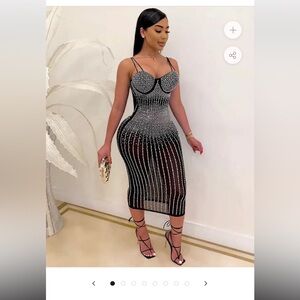 Embellished black, midi dress with bodysuit - NEW